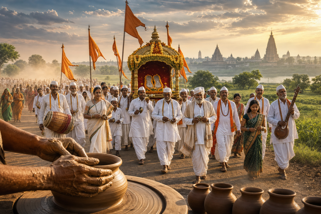 Sant Goroba Kaka Palkhi 2026 Varkari procession with saffron flags and potter’s hands shaping clay