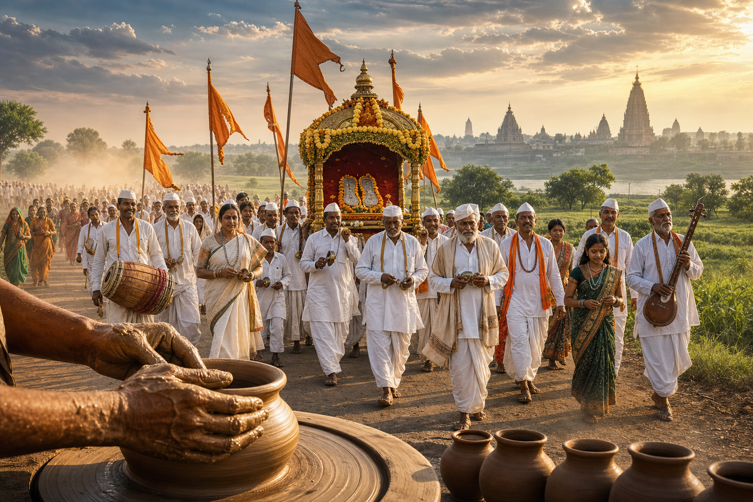 Sant Goroba Kaka Palkhi 2026 Varkari procession with saffron flags and potter’s hands shaping clay