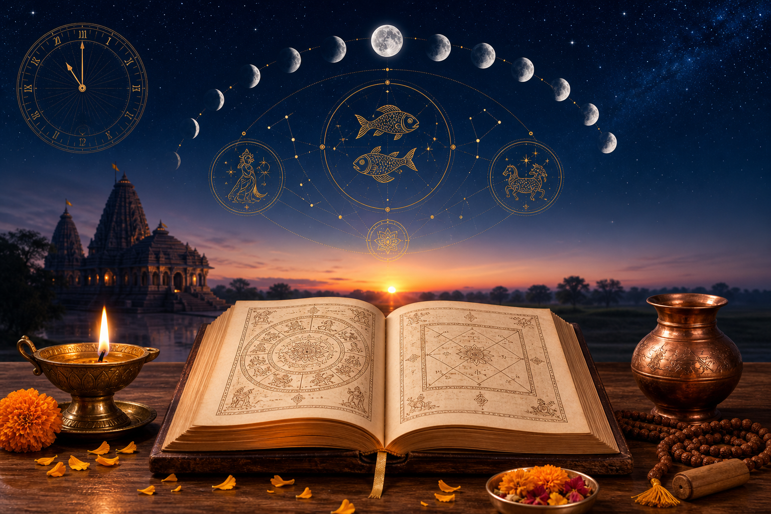 Open Hindu Panchang with diya, marigolds, moon phases, zodiac symbols, and temple at sunrise