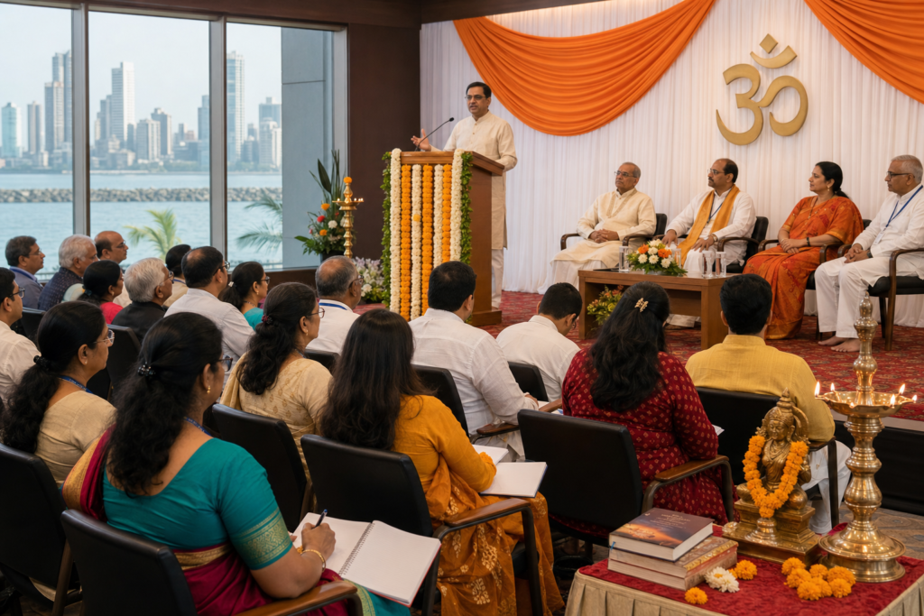 Hindu community conference in Mumbai with speaker at podium, seated attendees, Om backdrop, marigold decor and brass diya lamps