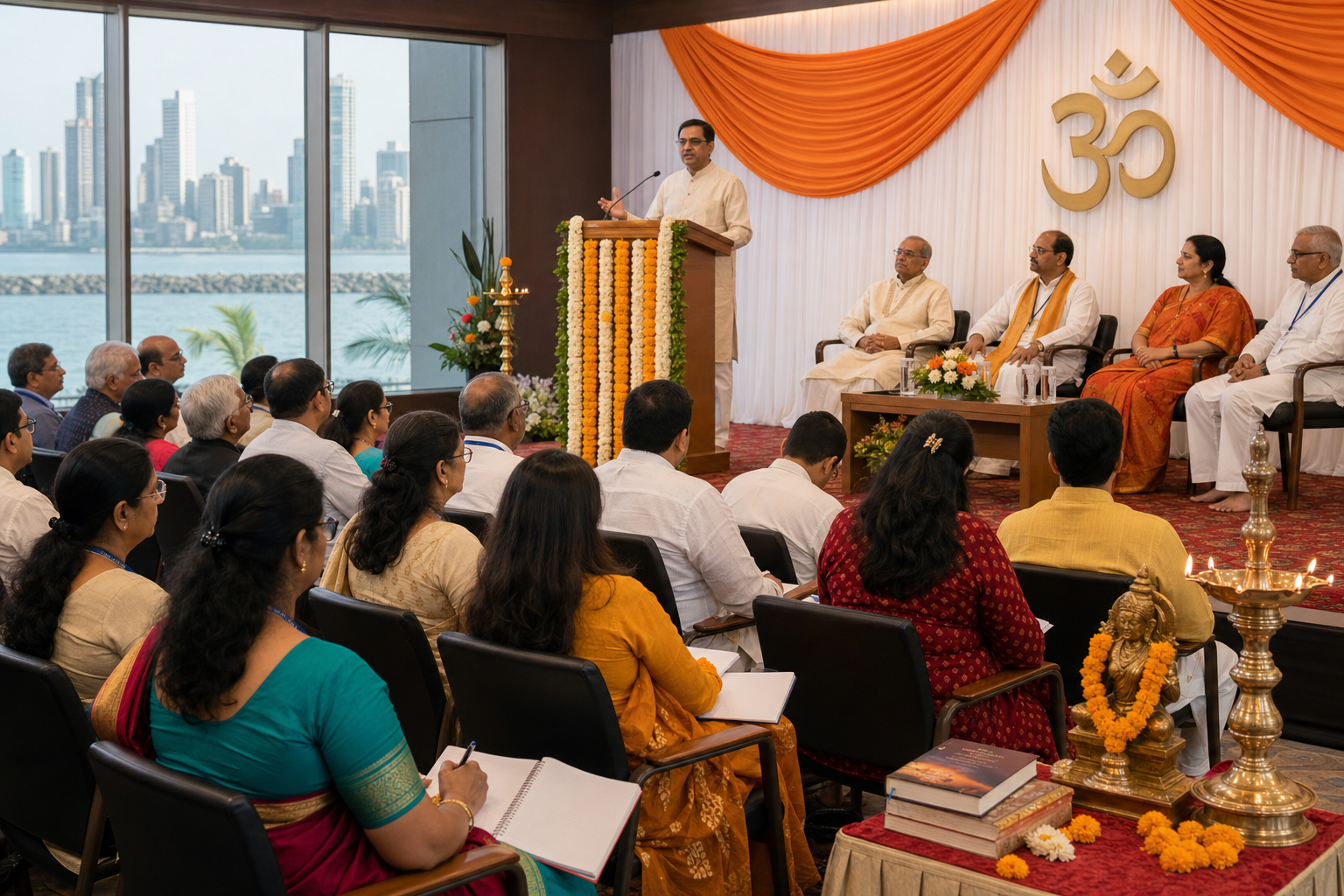 Hindu community conference in Mumbai with speaker at podium, seated attendees, Om backdrop, marigold decor and brass diya lamps