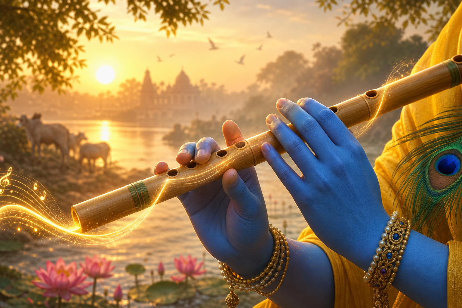 Lord Krishna’s blue hands holding a bamboo bansuri flute at sunrise