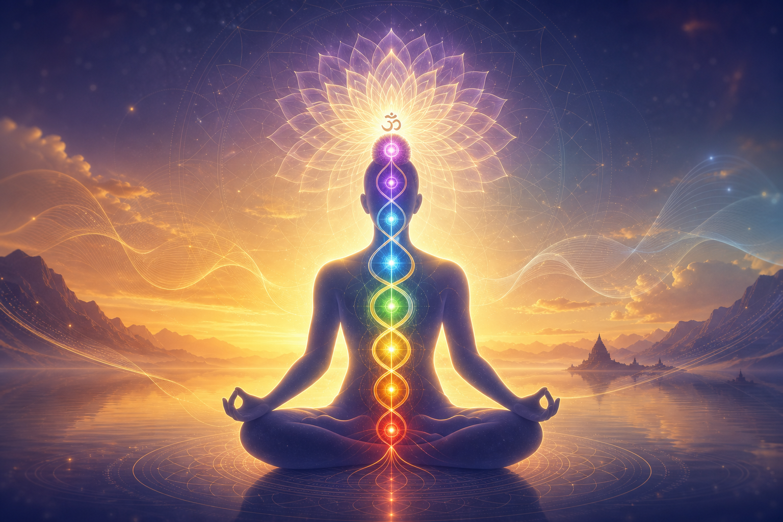 Serene meditator with glowing chakras at sunrise