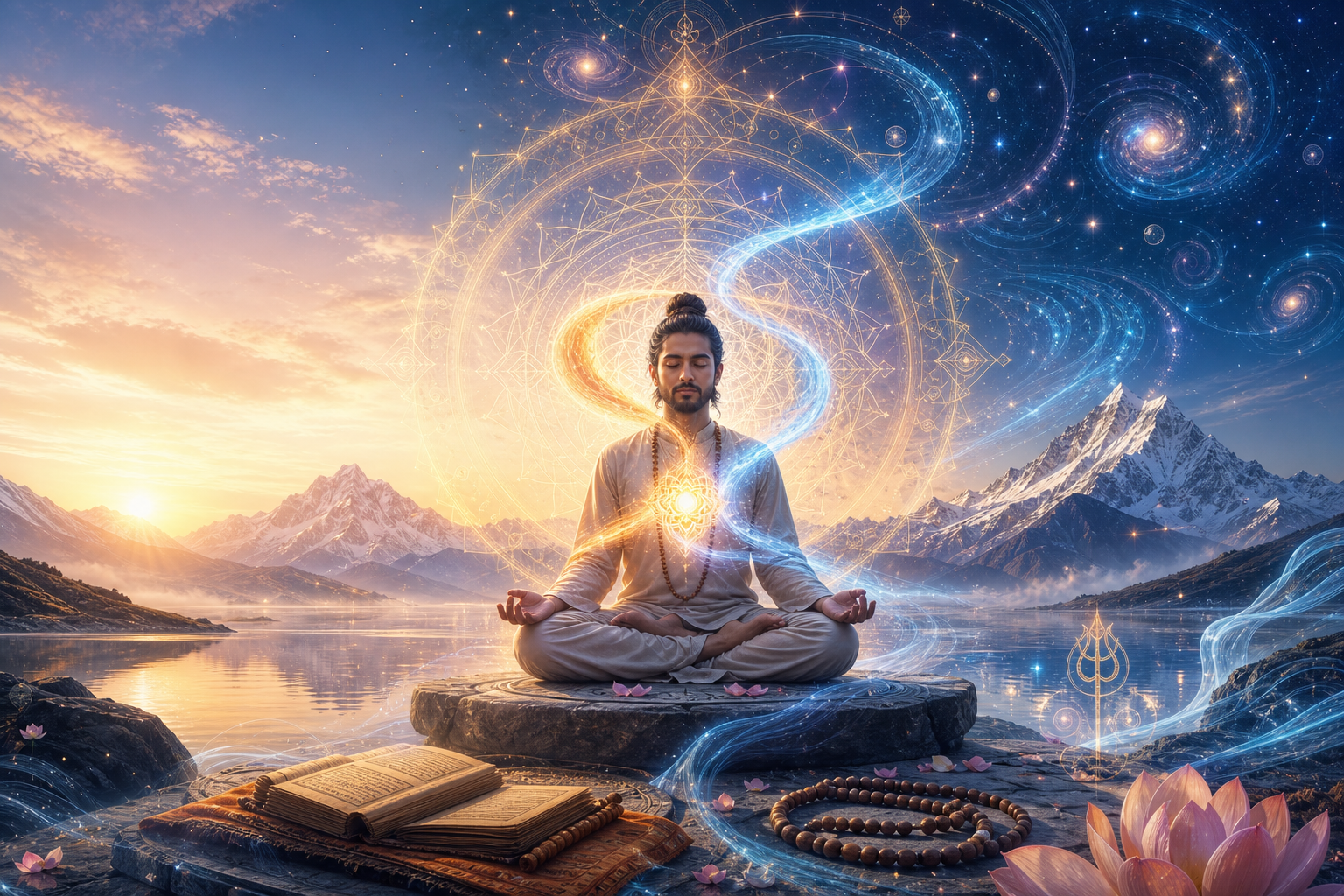 Meditating practitioner beside a Himalayan lake with golden and blue cosmic energy forming a mandala and galaxies