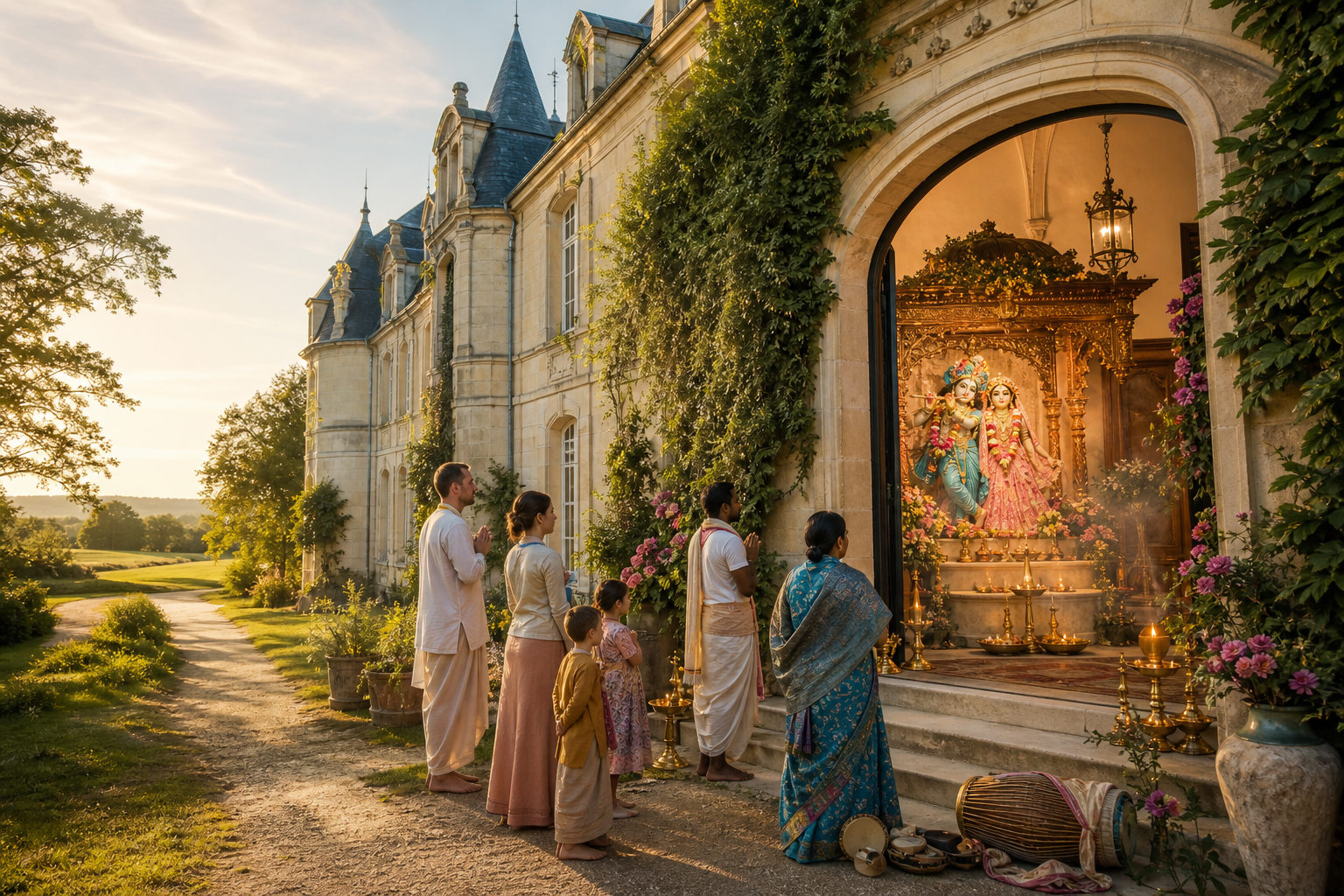 Devotees pray outside a French countryside chateau temple with Radha Krishna altar