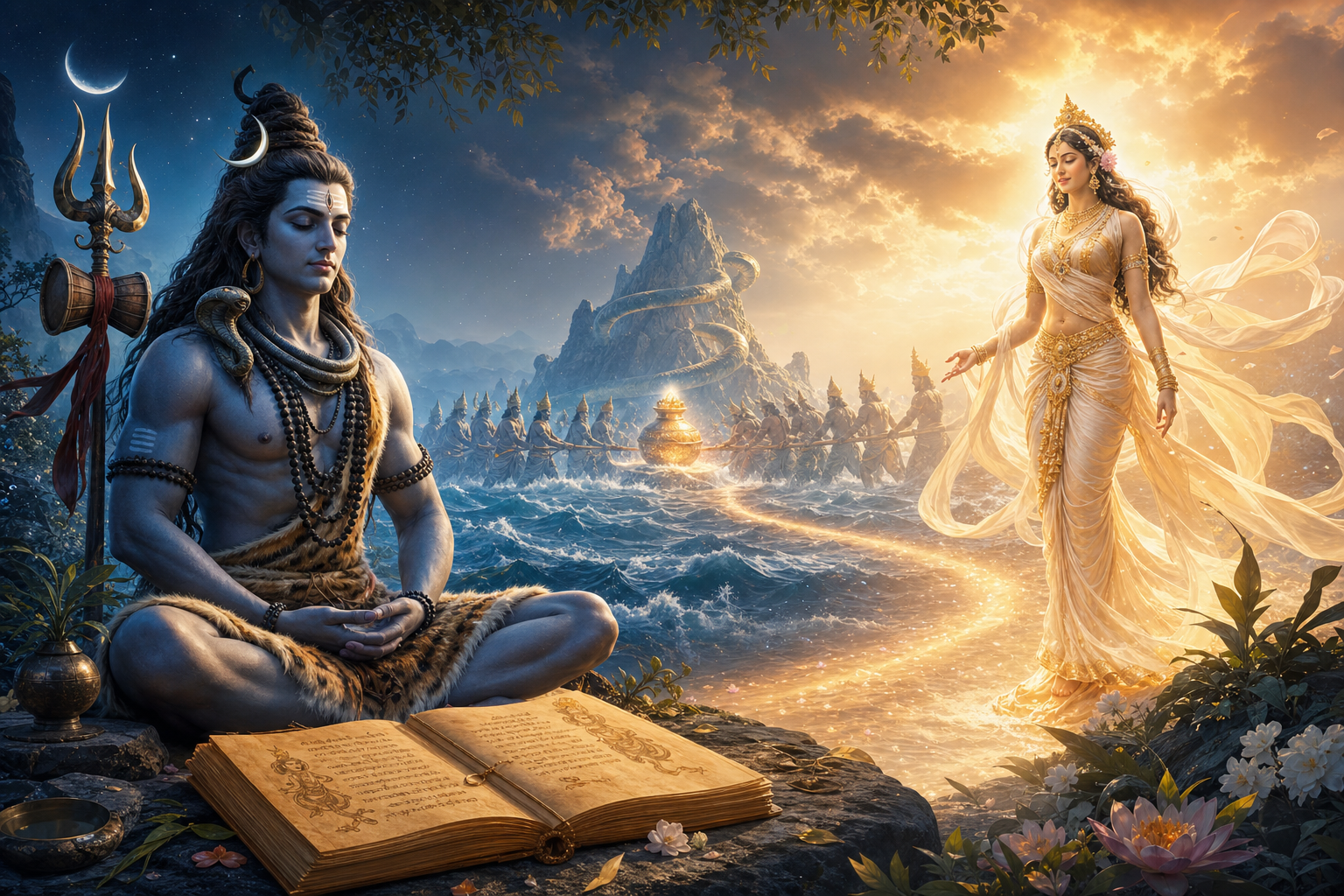 Lord Shiva meditating as Mohini appears beside the ocean of milk with samudra manthana symbols