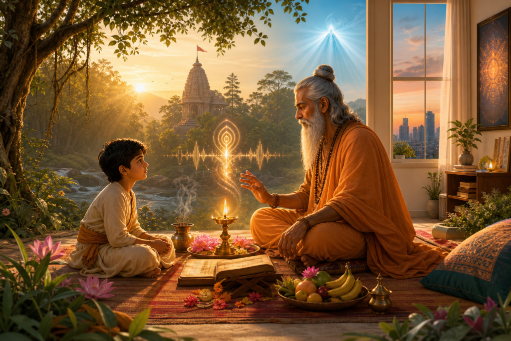 Young devotional seeker receives guidance from an elder sage beside a glowing home altar in a forest-temple setting.
