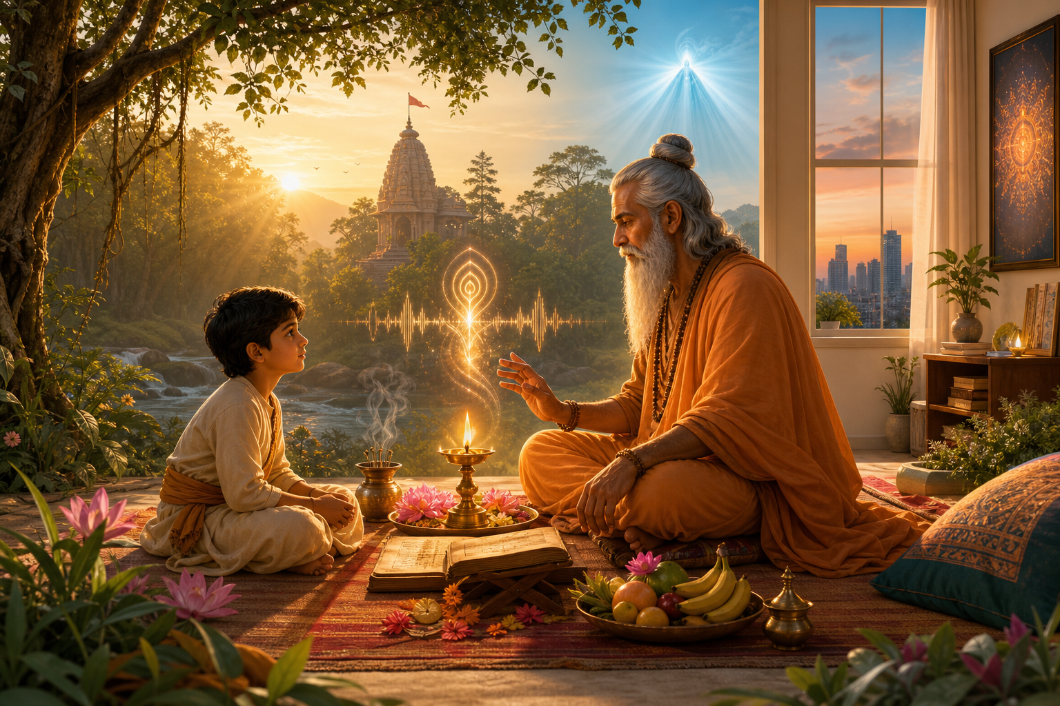 Young devotional seeker receives guidance from an elder sage beside a glowing home altar in a forest-temple setting.