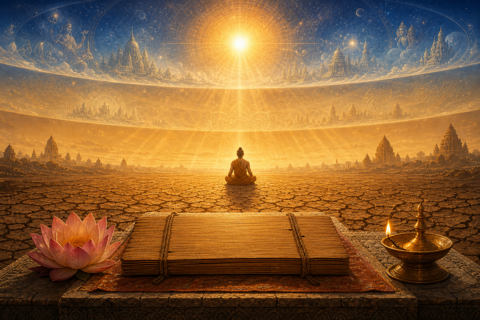 Palm-leaf scripture on a stone altar before a meditating seeker beneath a radiant cosmic sky