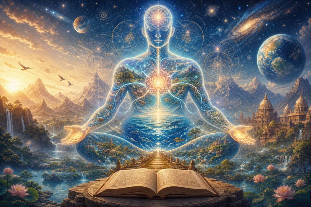 Translucent cosmic meditating figure with glowing heart and mind above an open scripture, ocean, mountains, temples, stars, and Earth.