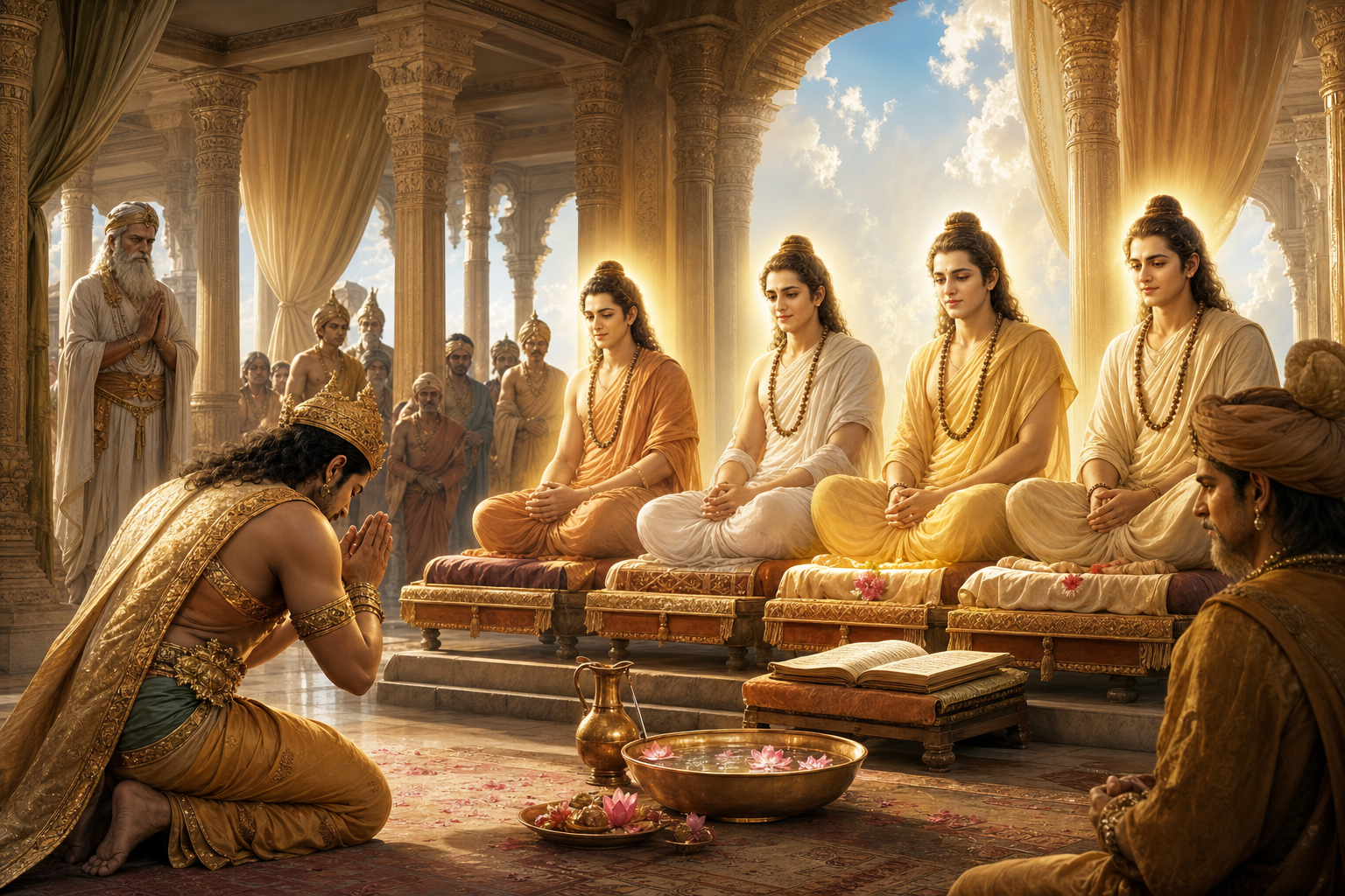 King Prthu bows before the four Kumaras in a radiant Vedic royal court.