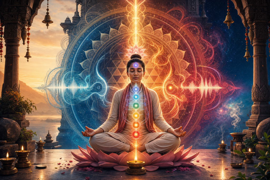Meditating practitioner with glowing chakras in a Hindu temple-inspired sacred geometry scene