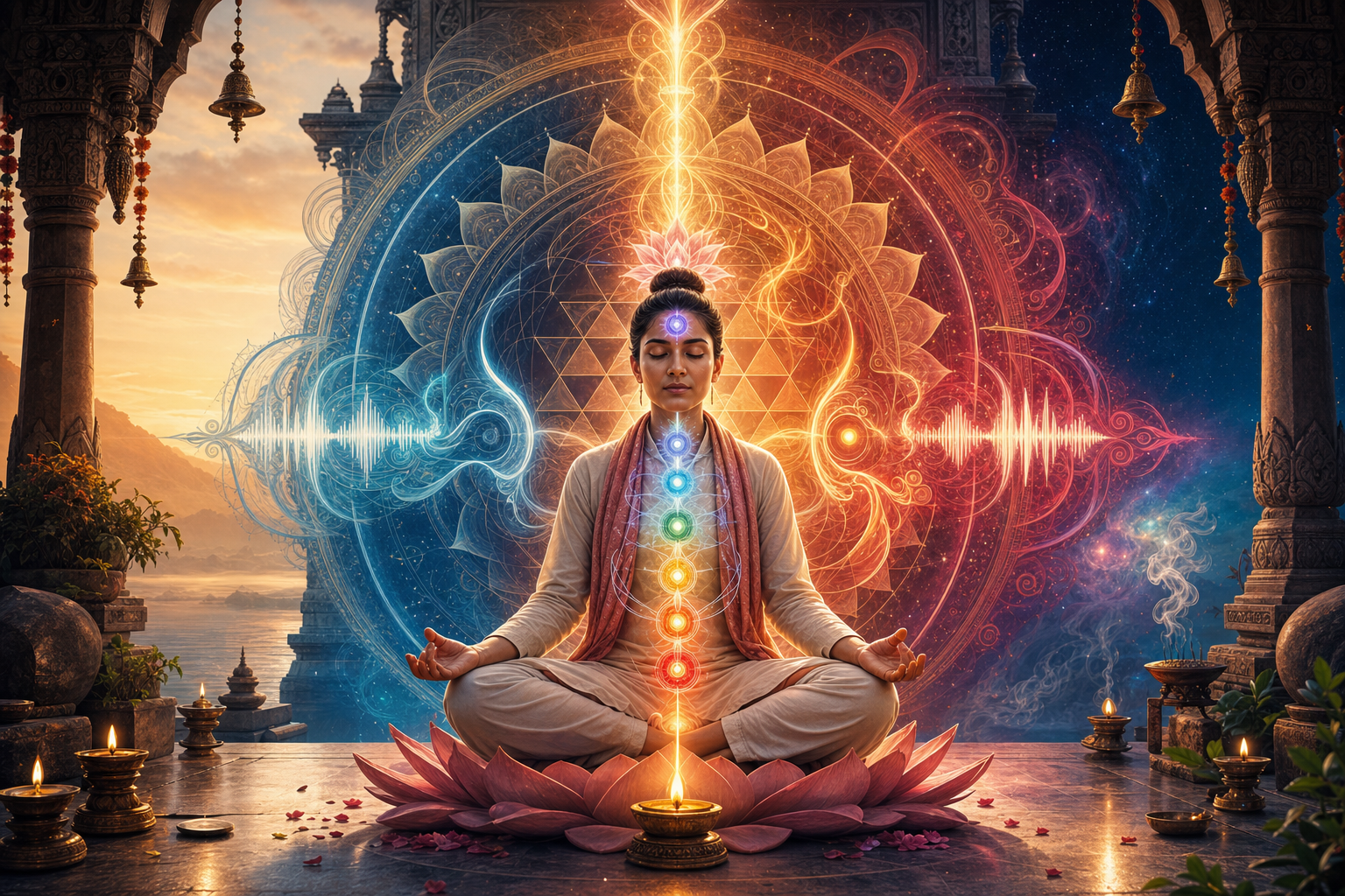 Meditating practitioner with glowing chakras in a Hindu temple-inspired sacred geometry scene