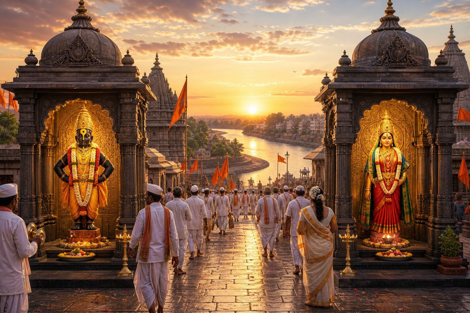 Devotional art of Lord Vitthal and Rakhumai shrines in Pandharpur at sunrise with Varkari pilgrims.