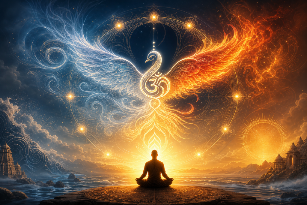 Meditator beneath a luminous Om hamsa mandala symbolizing the Nadabindu Upanishad