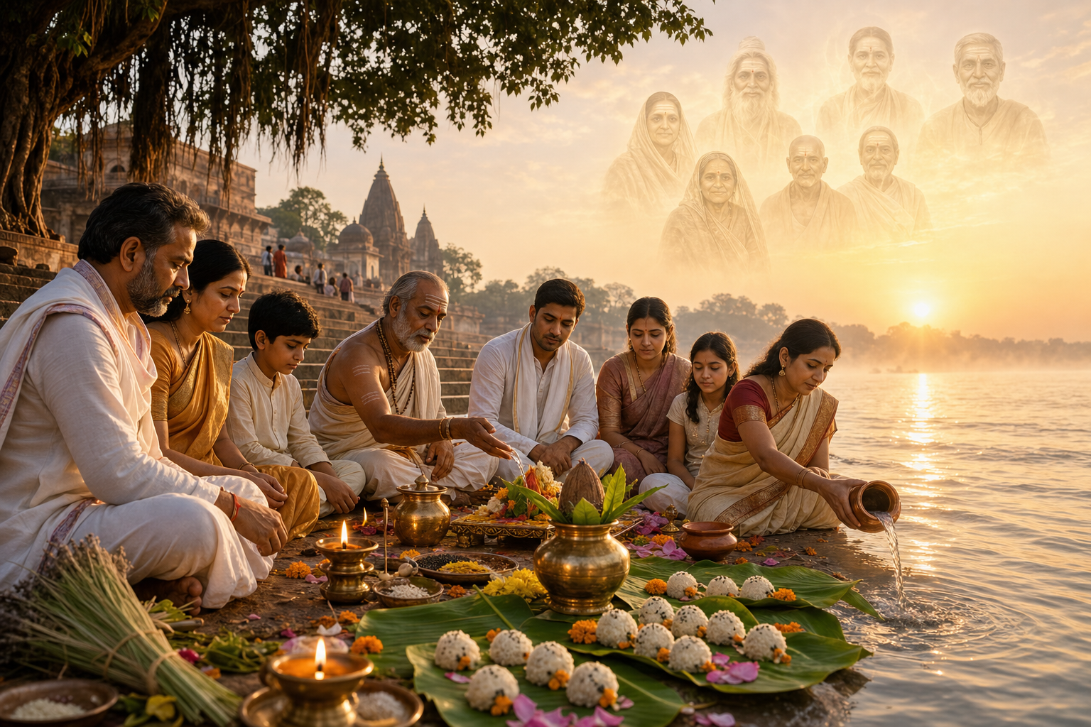 Families perform Sanghata Shraddha offerings on a sacred riverbank at dawn