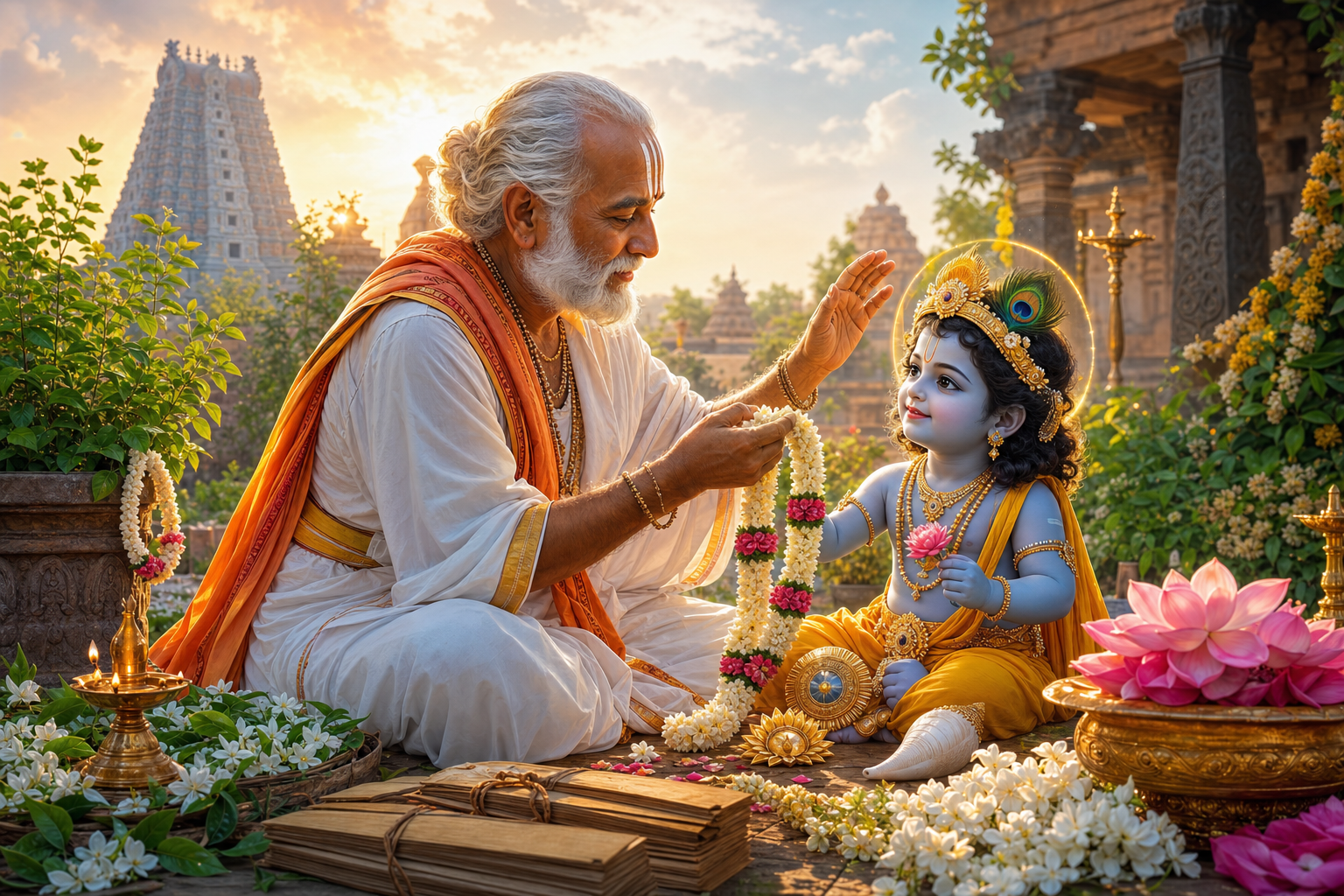 Periyalvar blessing child Krishna with a flower garland in a Srivilliputhur temple garden at sunrise.