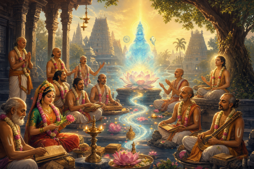 Tamil Alvar saint poets gathered in a South Indian temple courtyard around a luminous Vishnu presence above a lotus.