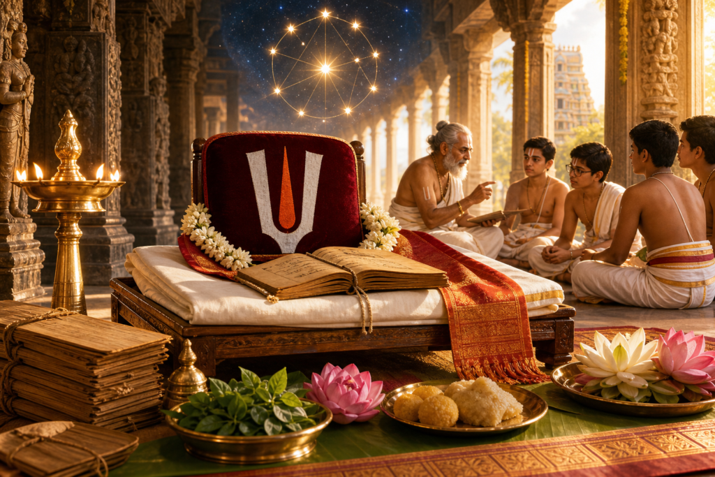 Sri Vaishnava Thirunakshatram observance with Acharya seat, scriptures, lamp, tulasi, lotus and students in a temple mandapam