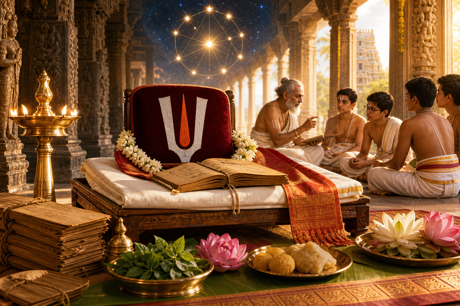 Sri Vaishnava Thirunakshatram observance with Acharya seat, scriptures, lamp, tulasi, lotus and students in a temple mandapam