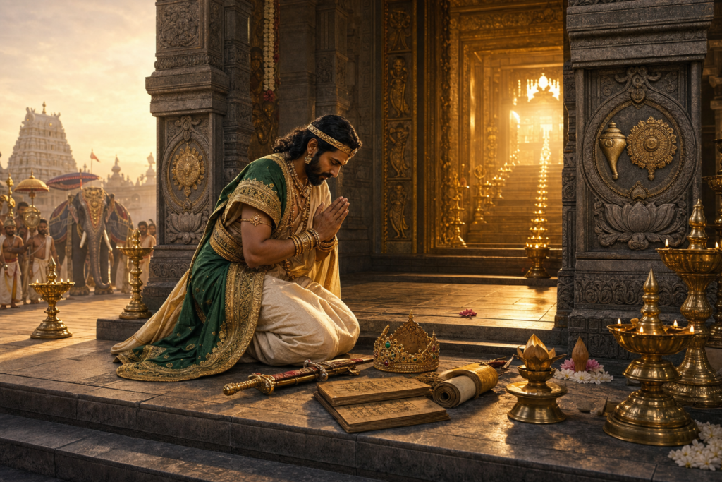Chera king-saint kneeling in devotion at a golden Vaishnava temple threshold