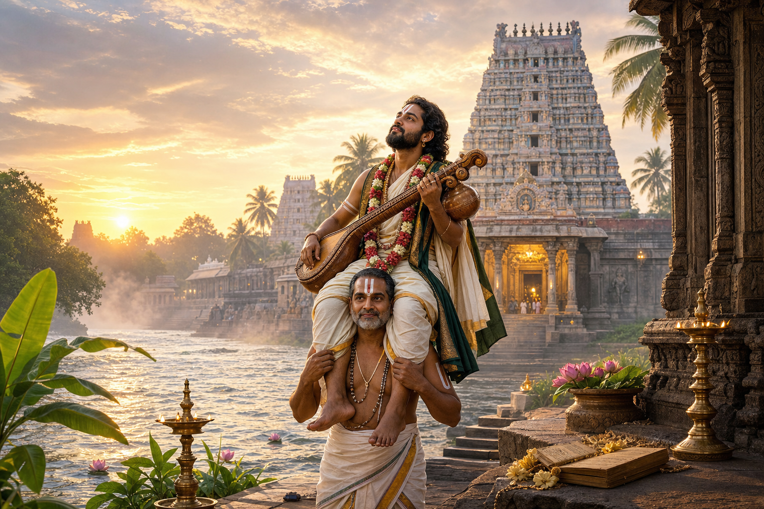 Thiruppaan Alvar carried by Lokasaranga toward Srirangam temple at dawn on the Kaveri River