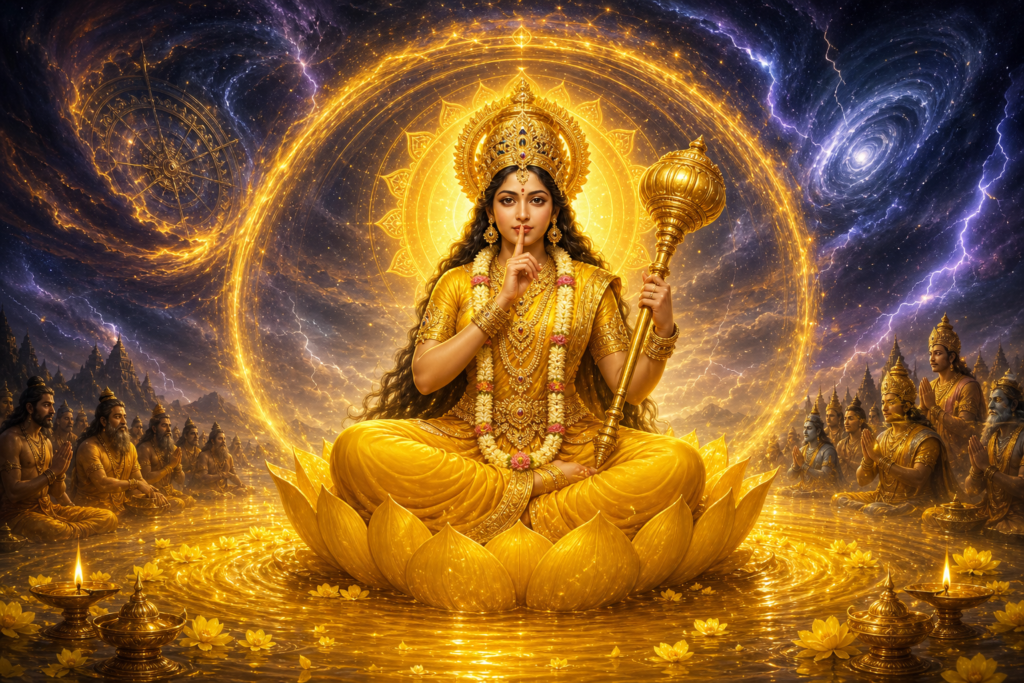 Goddess Bagalamukhi seated on a golden lotus calming a cosmic storm