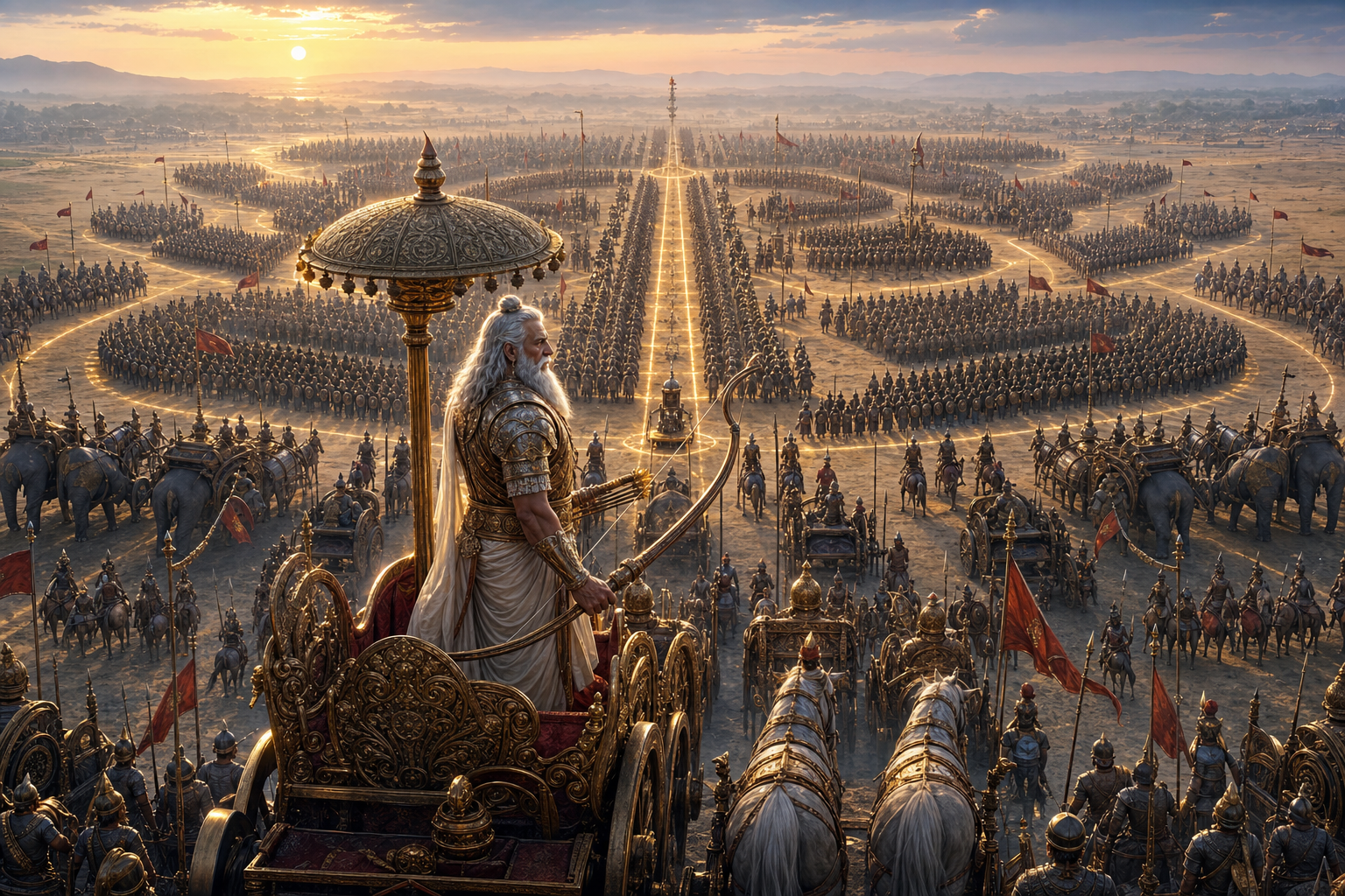 Bhishma surveys the Sarvatomukhi Dand Vyuha army formation at sunrise on Kurukshetra.