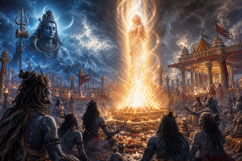 Radiant Shakti aura rising from a Vedic yajna fire as Shiva's ganas mourn beneath a cosmic sky