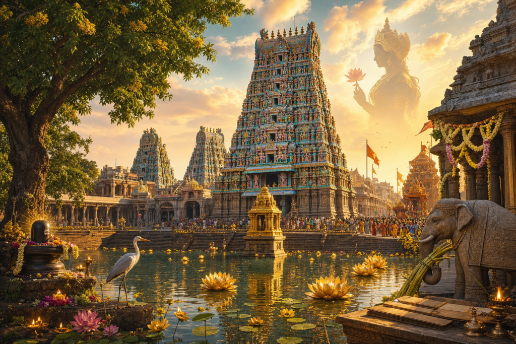 Madurai Meenakshi Amman Temple gopurams rising above the Golden Lotus Pond at sunrise