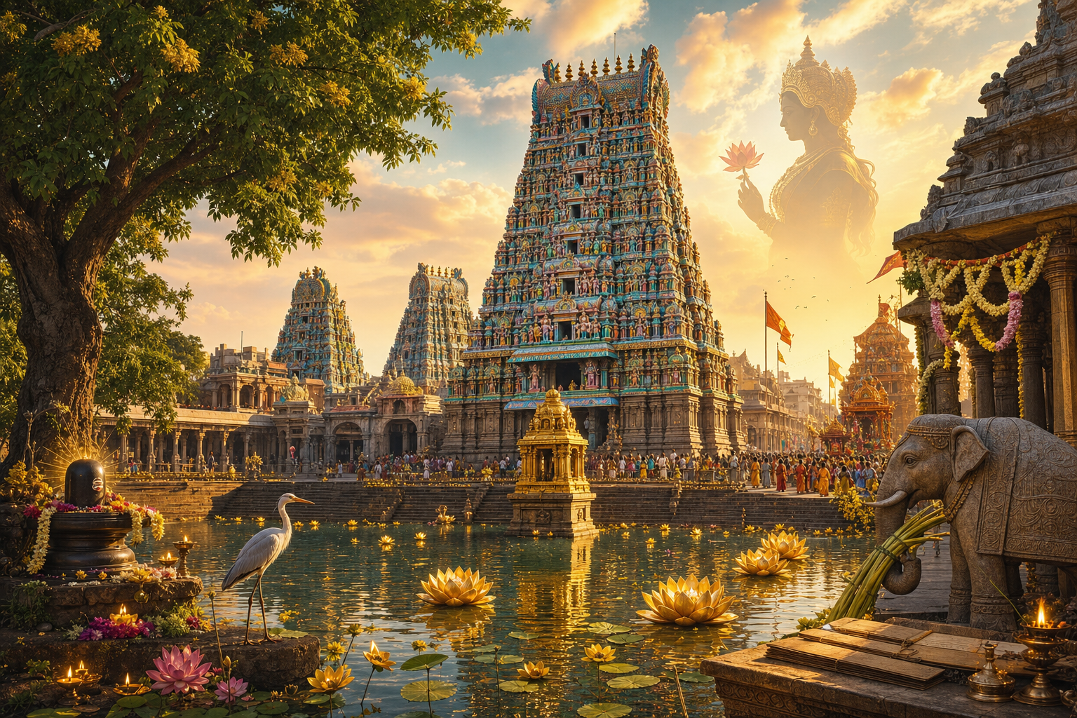 Madurai Meenakshi Amman Temple gopurams rising above the Golden Lotus Pond at sunrise