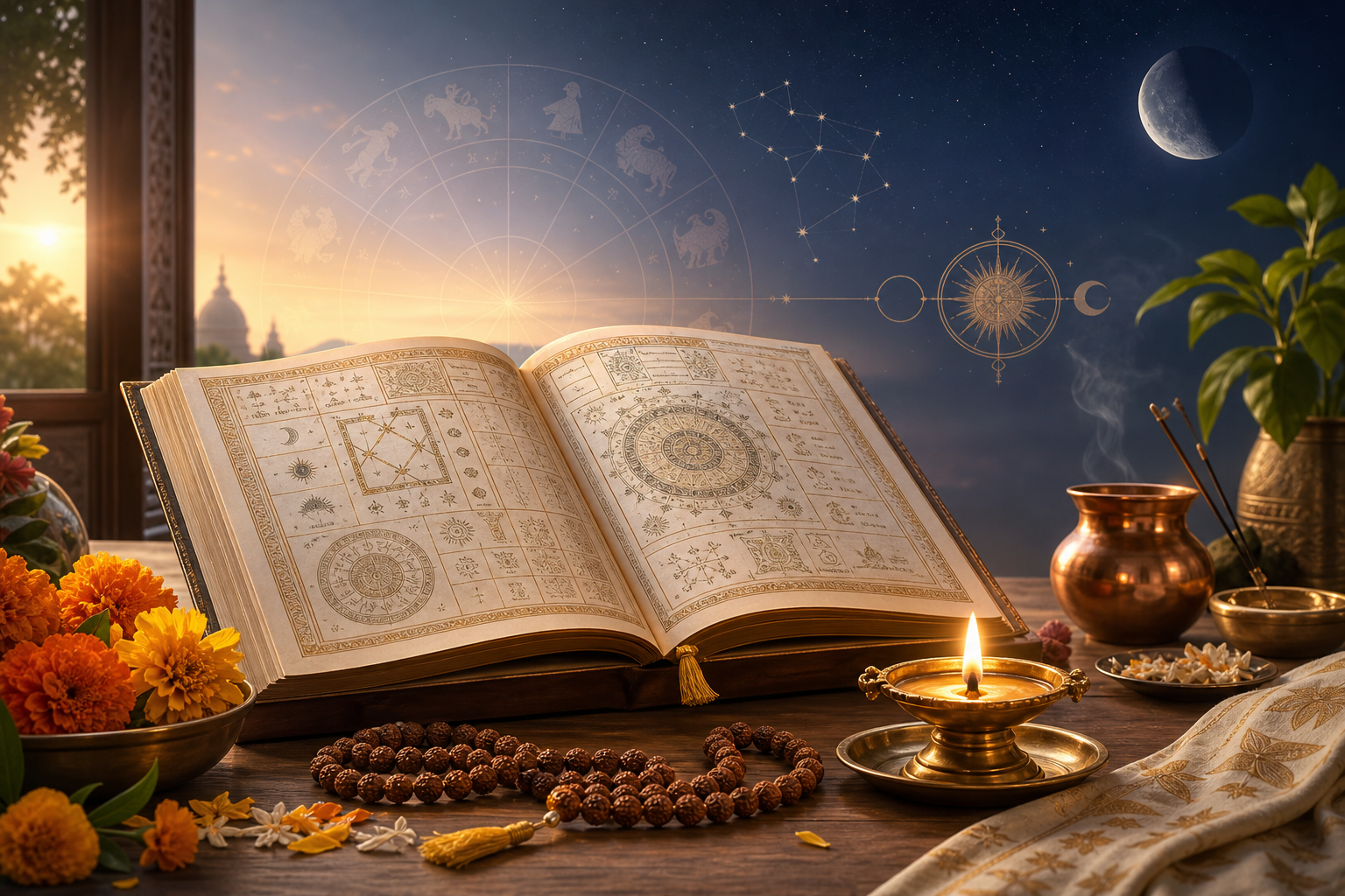 Open Panchang almanac with a brass diya, marigolds, rudraksha beads, and celestial symbols at dawn.