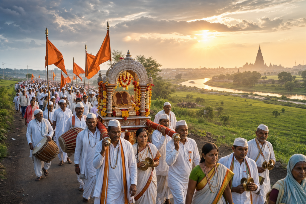 Sant Nilobaraya Palkhi 2026 Ashadhi Wari procession with Varkari devotees, saffron flags, and decorated paduka palanquin near Pandharpur.