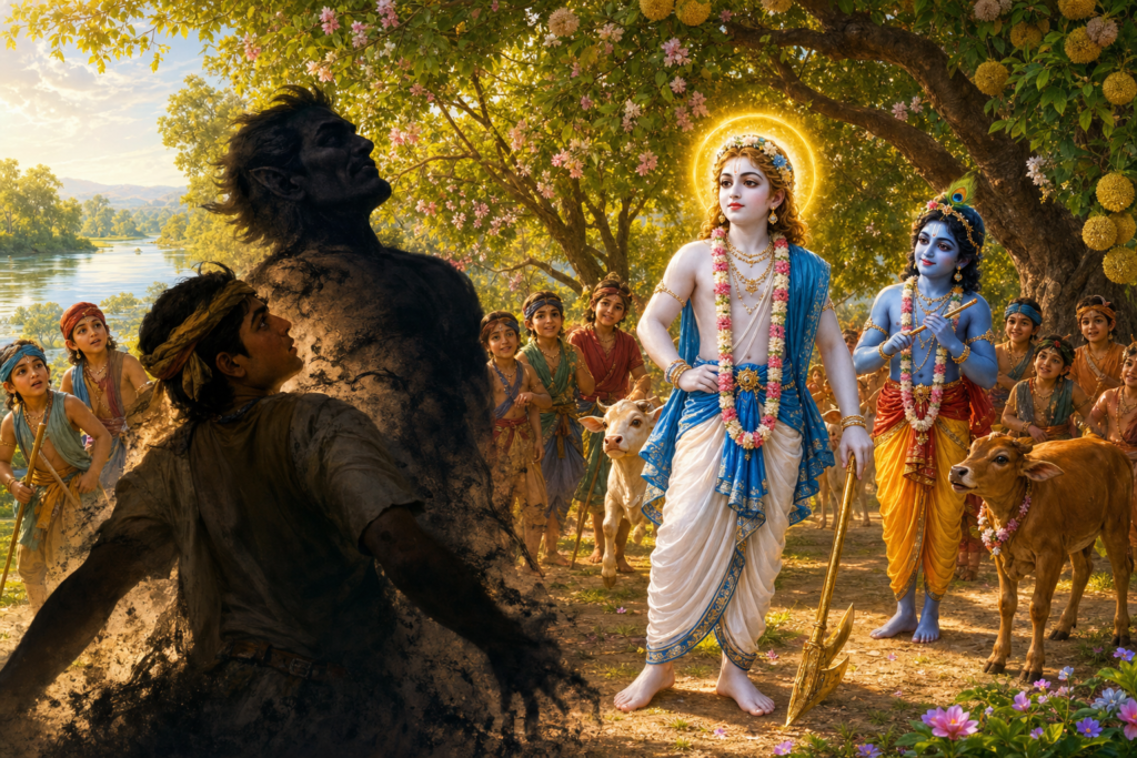 Balarama and Krishna in Vrindavan reveal the shadowy disguise of Pralamba among cowherd boys, cows, and flowering trees.