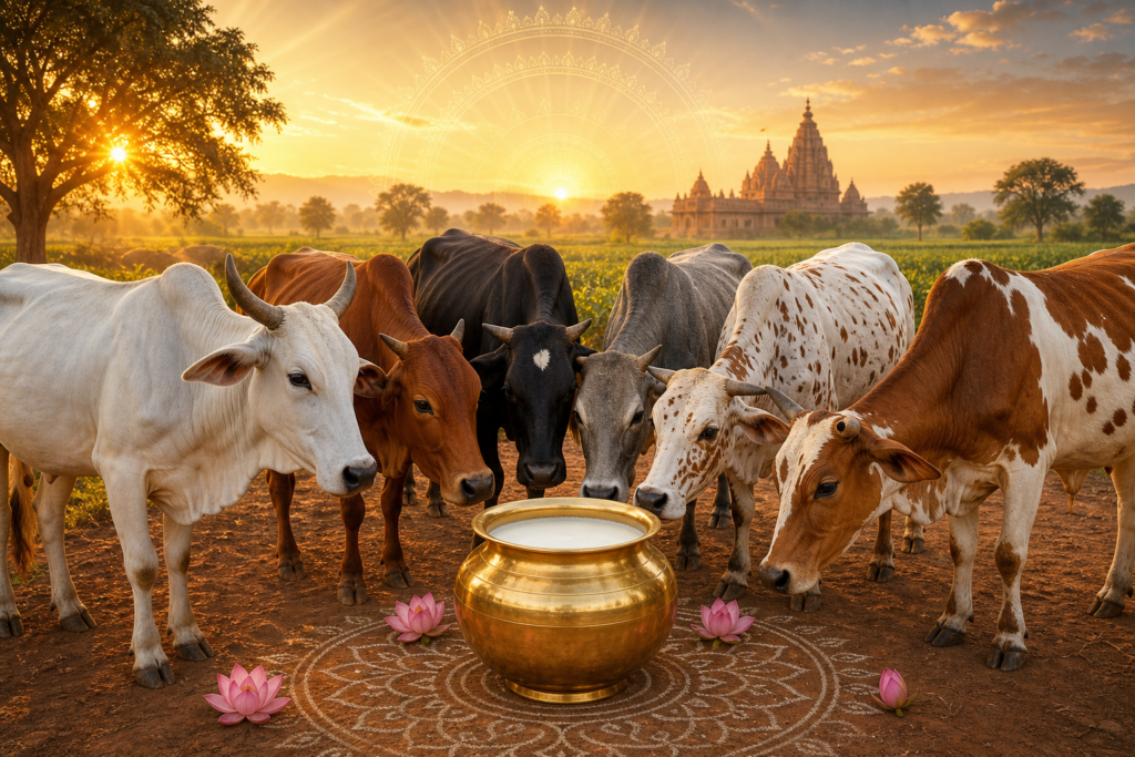 Cows gathered around a brass milk vessel at sunrise in an Indian countryside