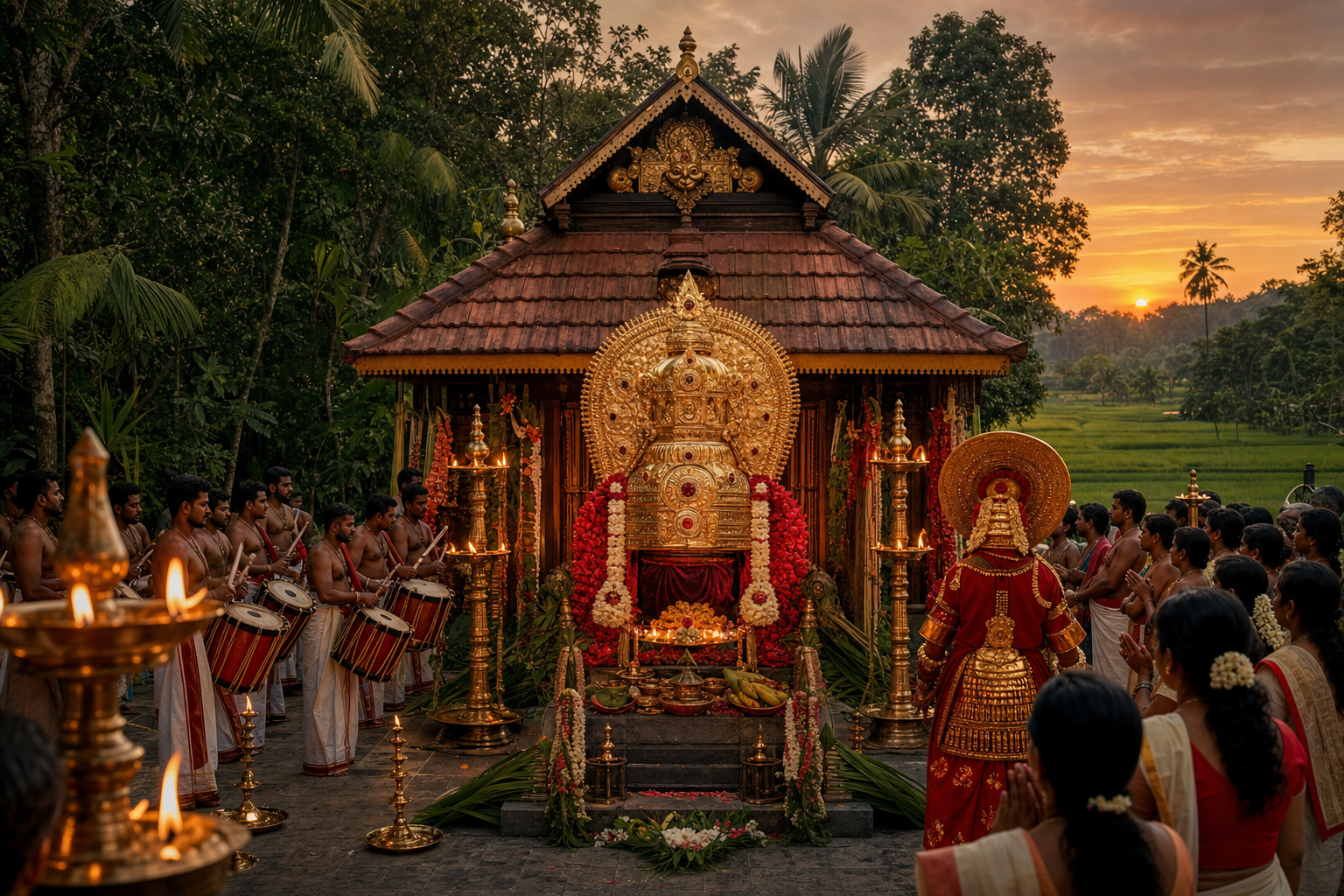 Golden Thirumudi crown at a Kerala Mudippura temple during a Bhadrakali festival at dusk