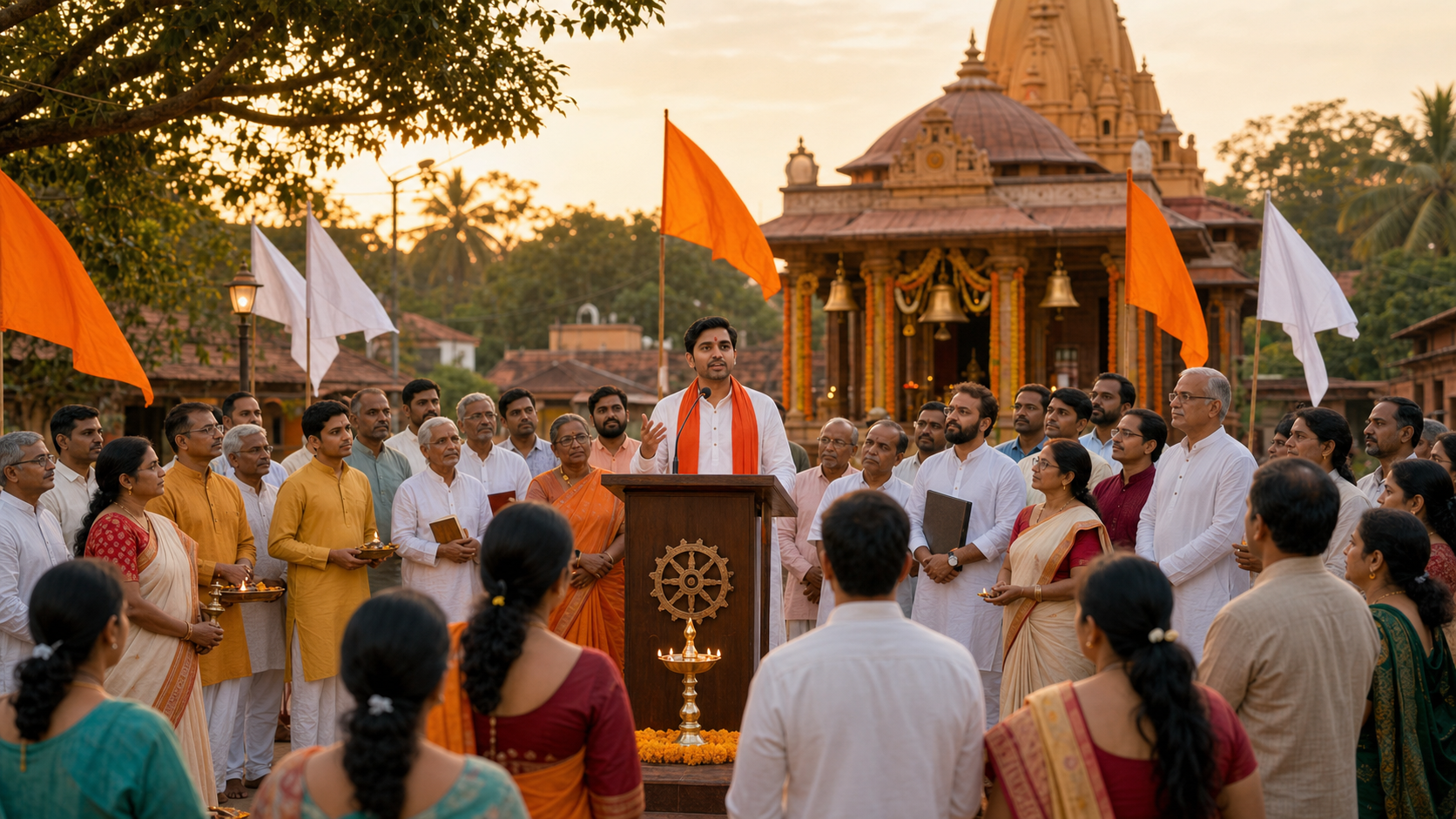 Community gathering outside a Hindu temple in Rajapur, Maharashtra with a speaker at a podium