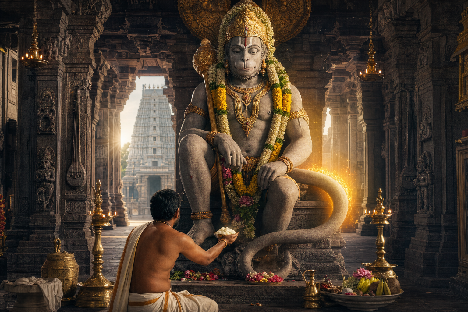 Devotee offering white butter to a towering Hanuman shrine inside Suchindram Thanumalayan Temple