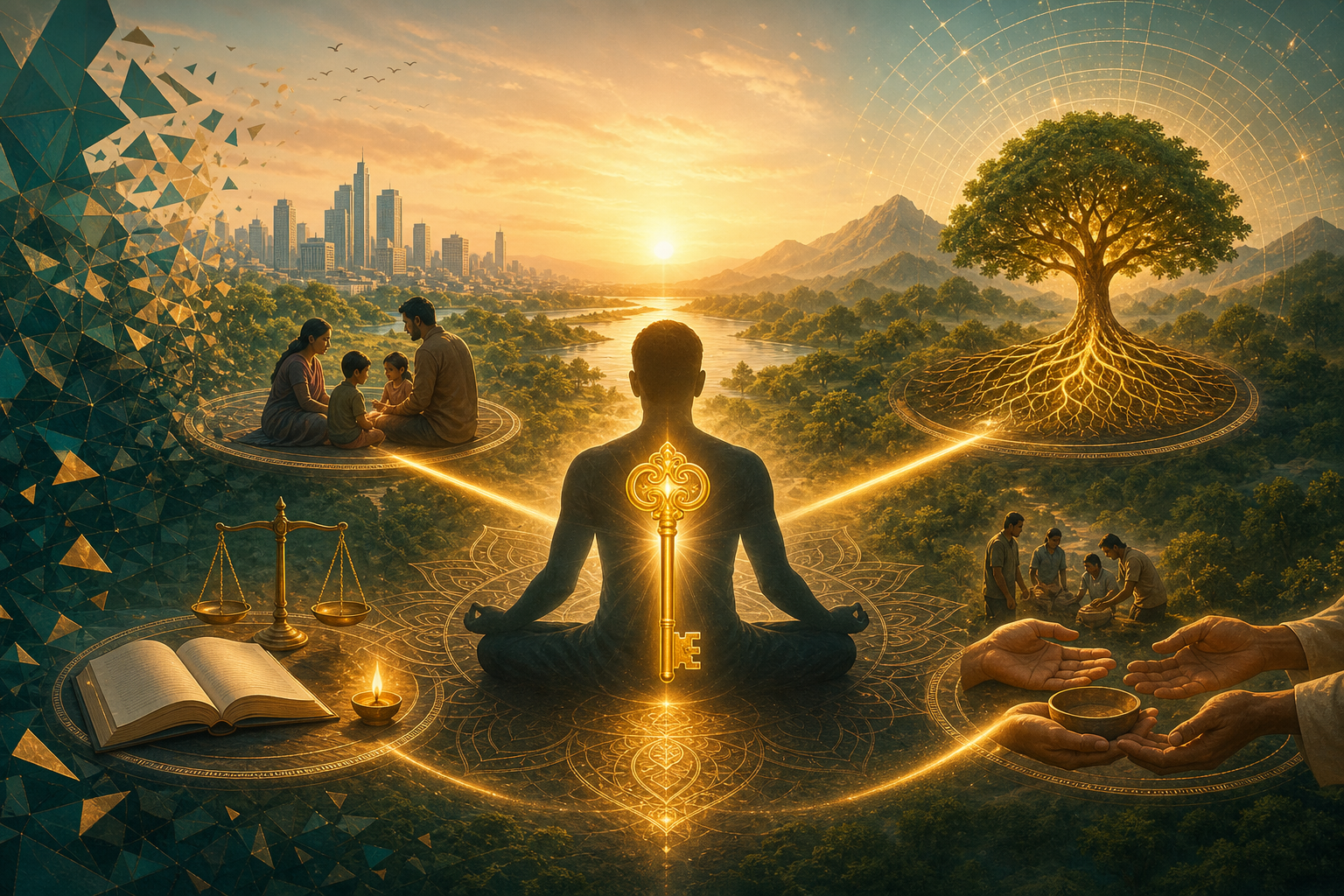 Golden dharma key at the heart of a meditating figure, connecting family, justice, service, nature, scripture, and a harmonious city at sunrise.