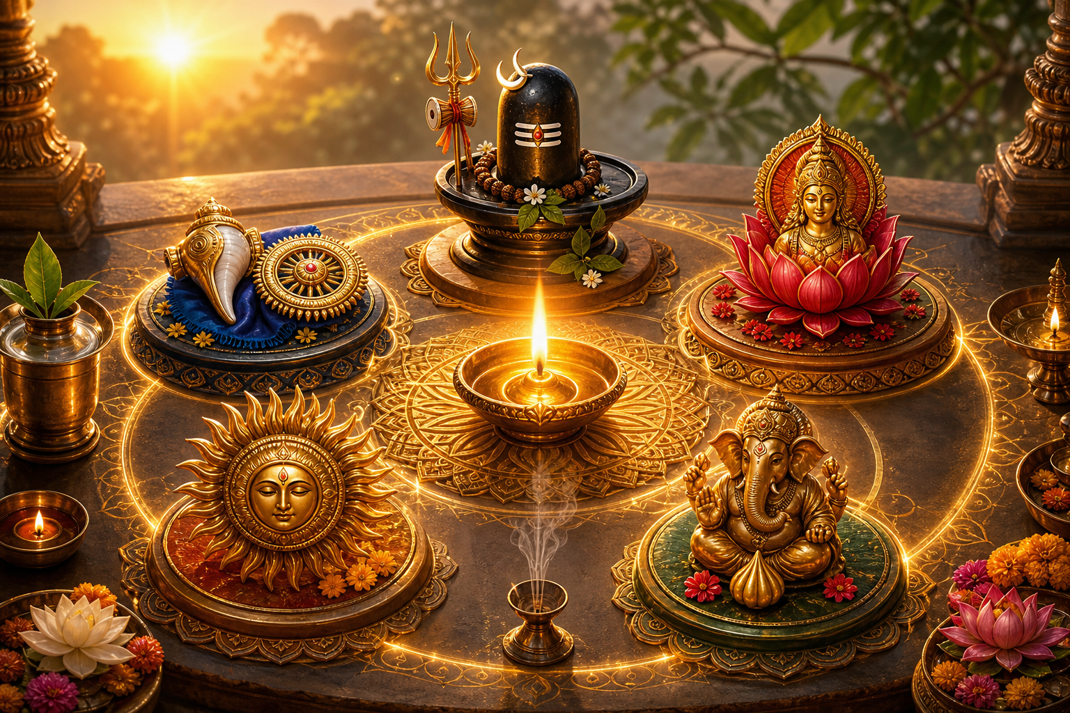Panchayatana Puja altar with Shiva lingam, Vishnu symbols, Devi lotus, Surya sun disc, Ganesha murti, and central diya
