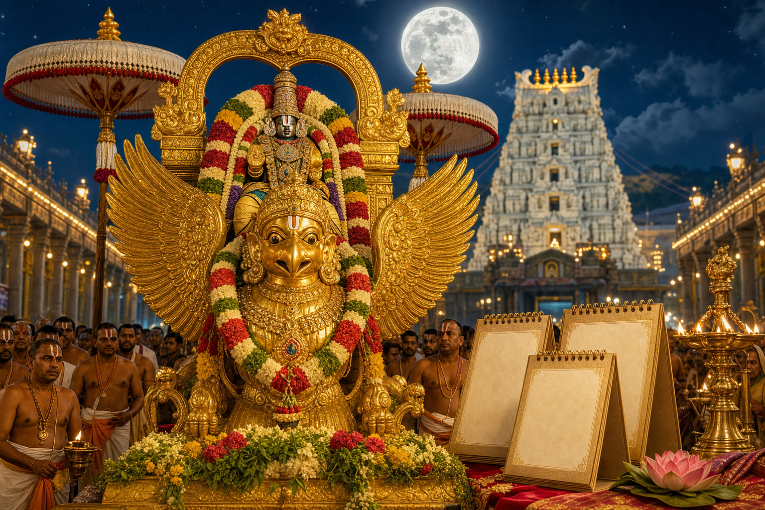Digital illustration of Tirumala Pournami Garuda Seva with Lord Venkateswara on golden Garuda under a full moon.