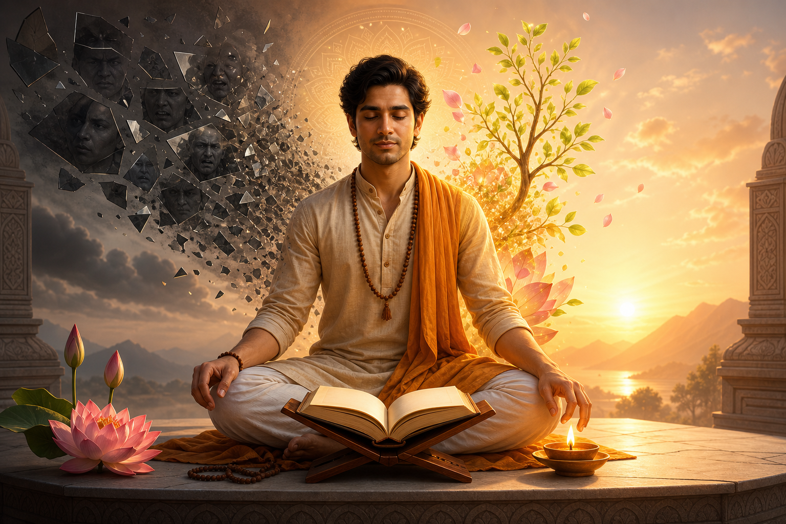 Meditating seeker beside an open sacred book and diya as dark thoughts transform into golden light, lotus petals, and a green tree.