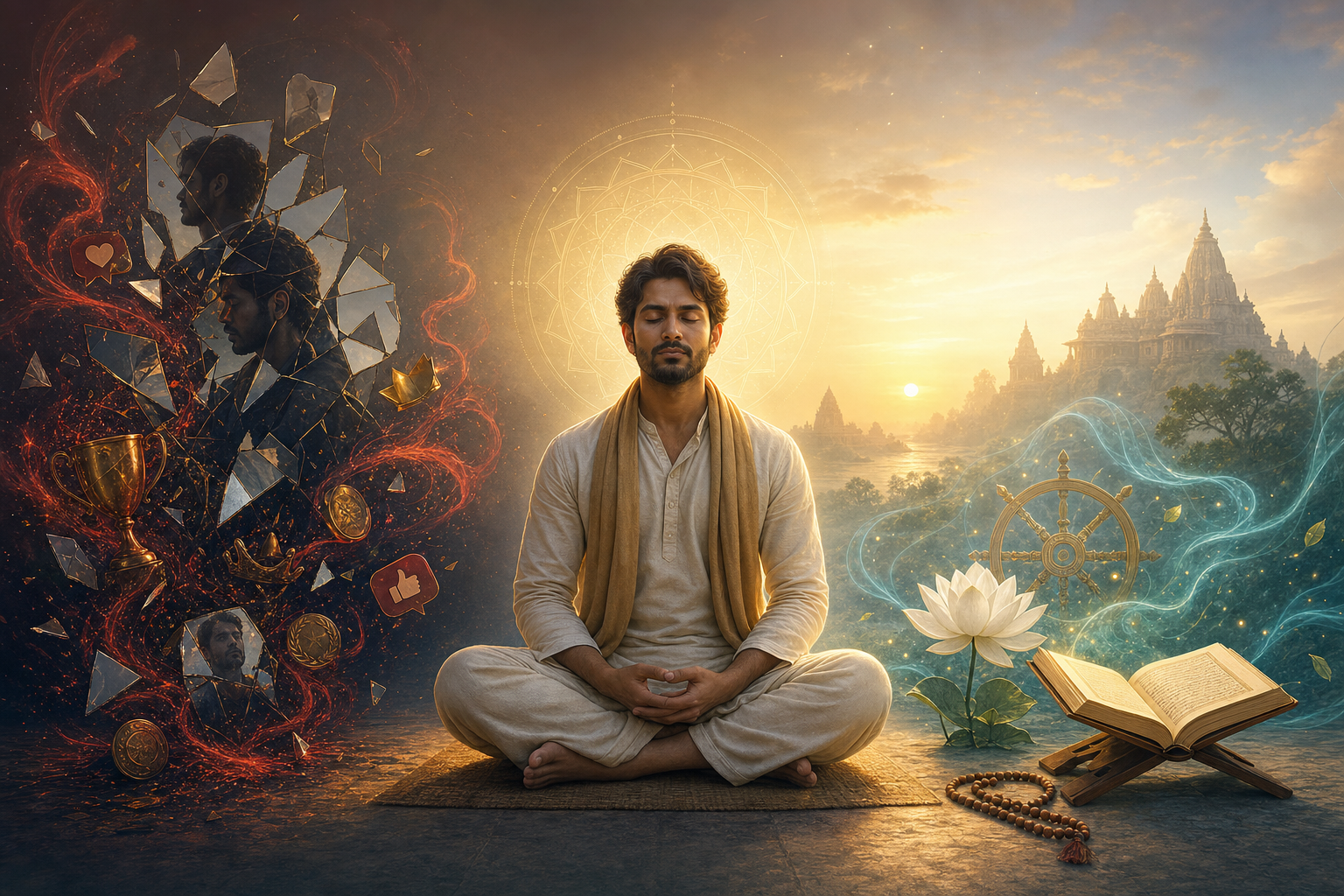 Meditating seeker balanced between ego and true confidence in Hindu wisdom symbolism