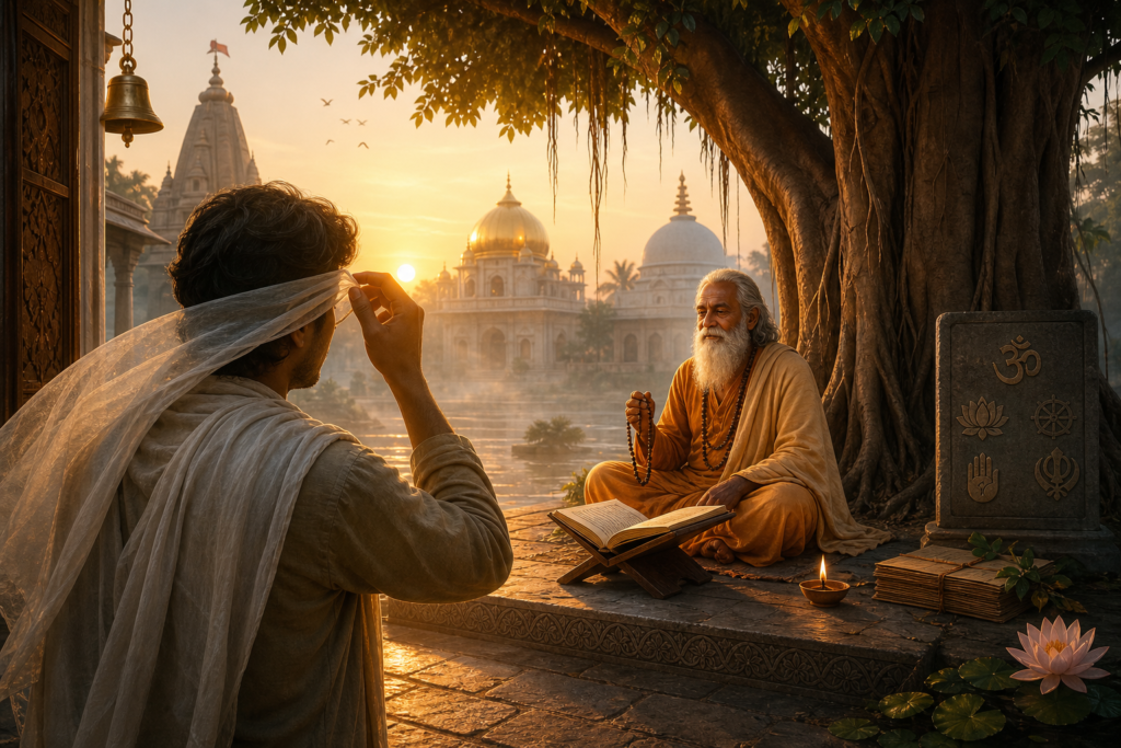 A seeker lifts a translucent veil before a peaceful sadhu seated under a banyan tree at sunrise.