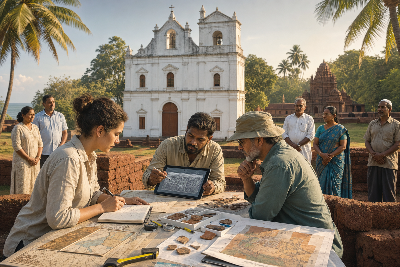 Archaeologists review maps, pottery fragments, and radar scans at a Goan heritage site with a white Portuguese-era church behind them.