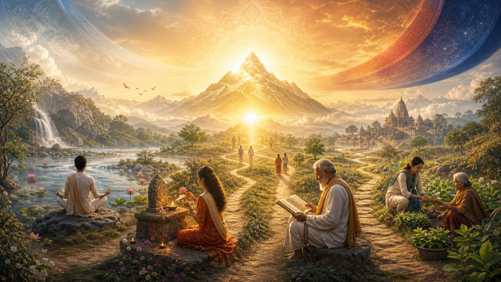 Hindu spiritual landscape with seekers on paths converging toward a luminous sacred mountain