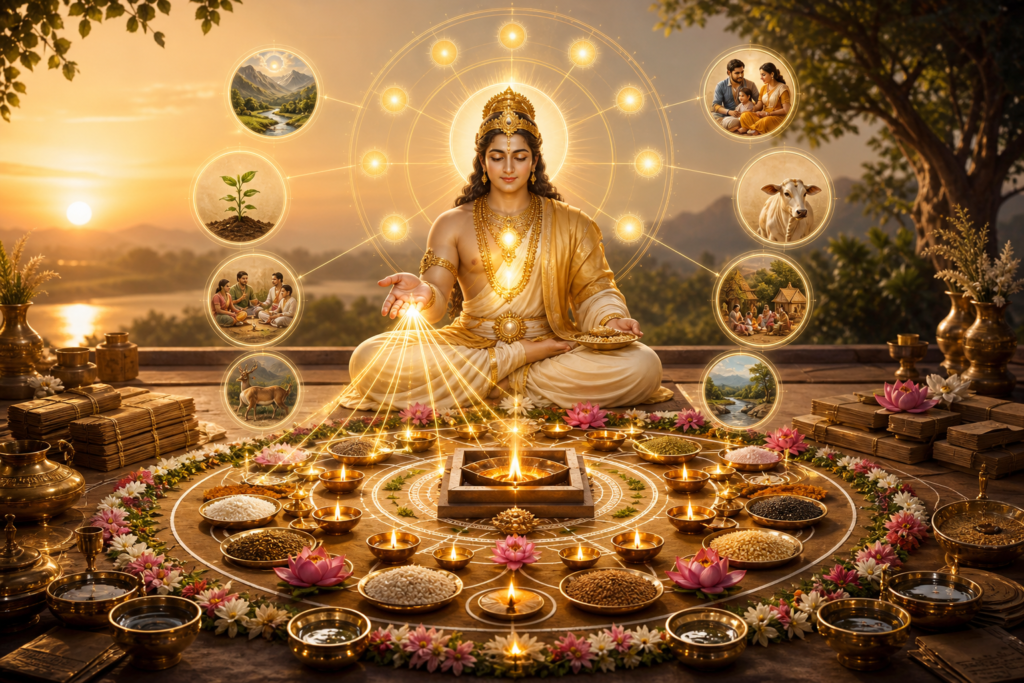 Serene Amsha Deva seated at a Vedic altar with offerings, golden solar arcs, and a balanced sacred mandala at dawn.