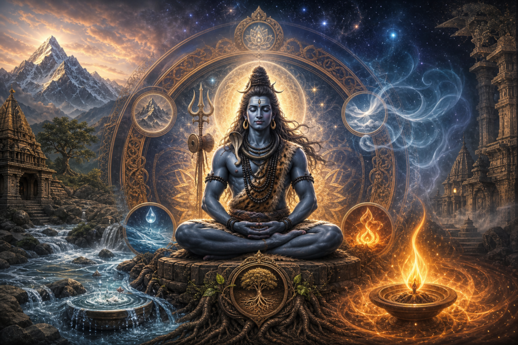 Serene Shiva-Bhairava figure meditating within a five-element mandala