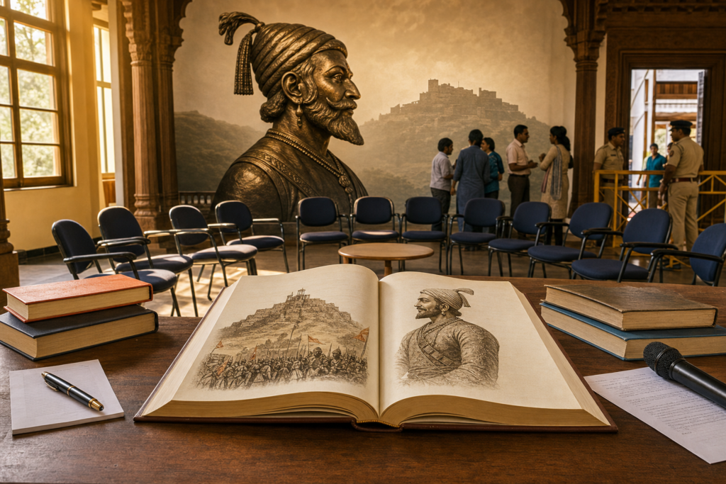 Open history book in a Maharashtra hall with a bronze profile of Chhatrapati Shivaji Maharaj, empty reading chairs, citizens, and police near the doorway.
