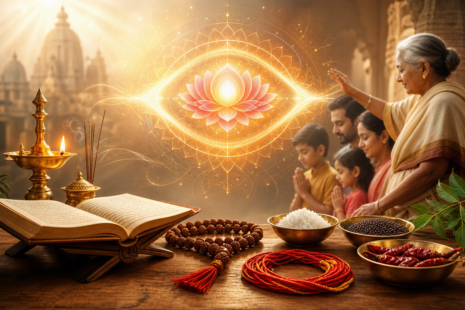Hindu household ritual with glowing diya, scripture, mala, offerings, and family blessing before a luminous lotus mandala.